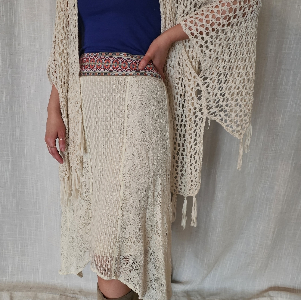 Flying Midi Skirt Women Small Cream Lace Y2K Indie Vintage Boho Fairy Island